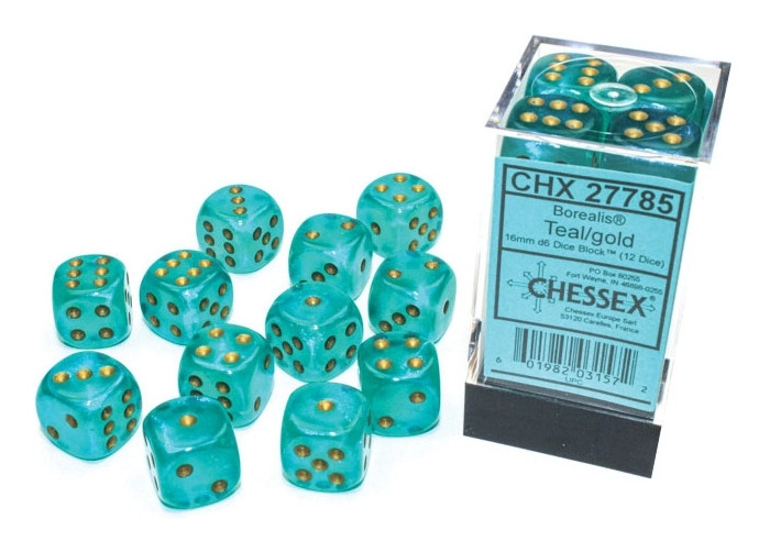 Borealis 16mm d6 Teal/gold Luminary Dice Block (12 dice)