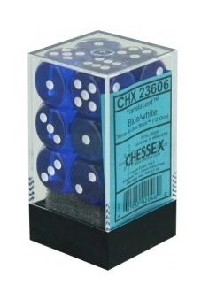 Translucent 16mm d6 Blue/white Dice Block (12 dice)