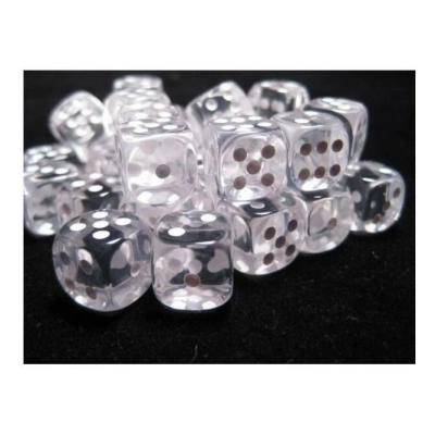 Translucent 12mm d6 with pips Dice Blocks (36 Dice) - Clear w/white