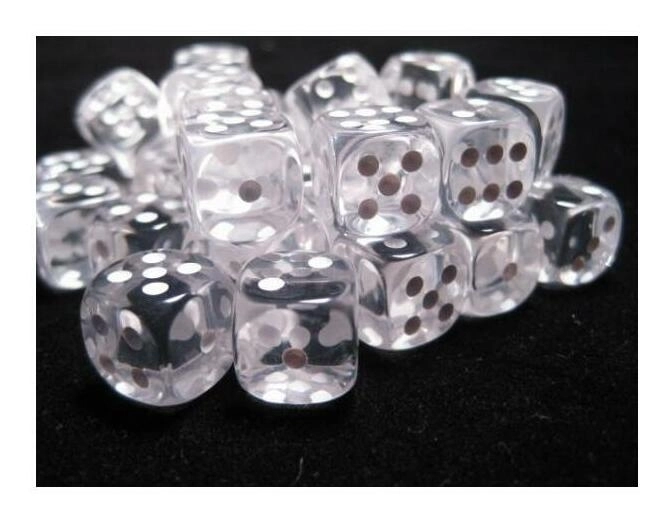 Translucent 12mm d6 with pips Dice Blocks (36 Dice) - Clear w/white