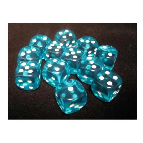 Translucent 16mm d6 with pips Dice Blocks (12 Dice) - Teal w/white