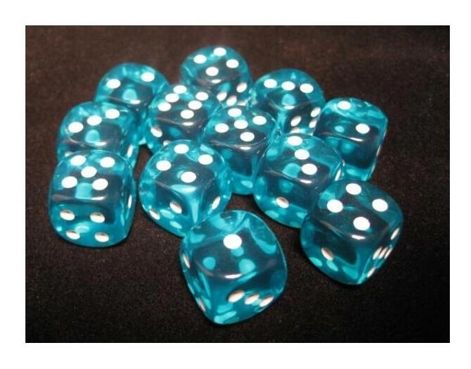 Translucent 16mm d6 with pips Dice Blocks (12 Dice) - Teal w/white