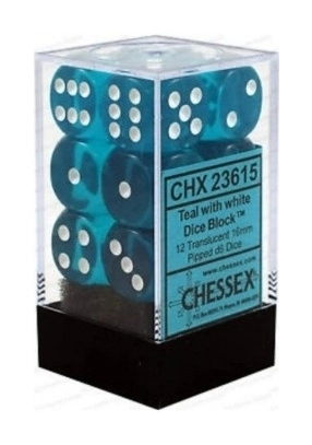 Translucent 16mm d6 with pips Dice Blocks (12 Dice) - Teal w/white