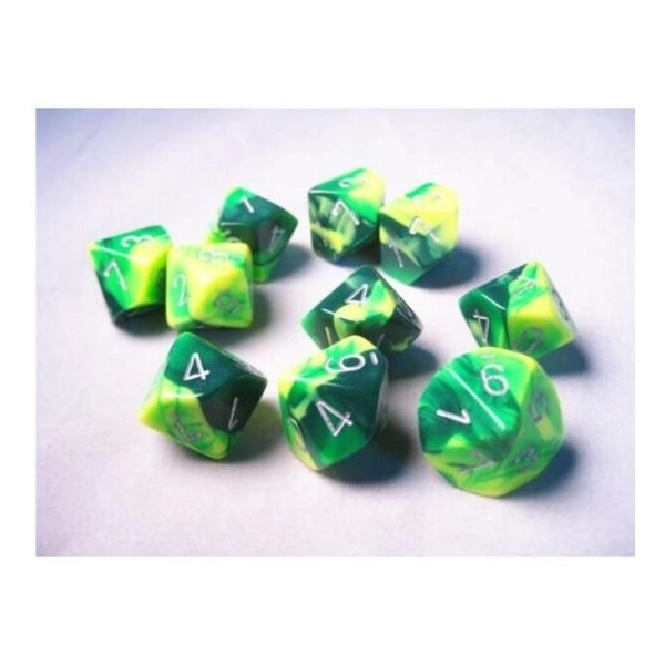 Gemini Polyhedral Ten d10 Sets - Green-Yellow w/silver