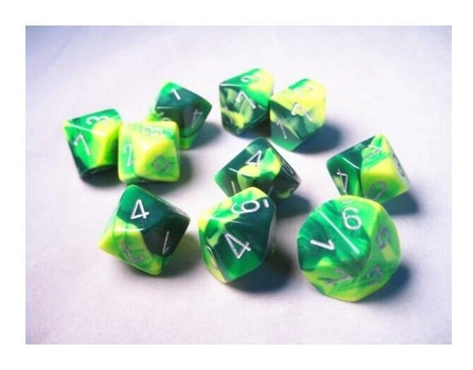 Gemini Polyhedral Ten d10 Sets - Green-Yellow w/silver