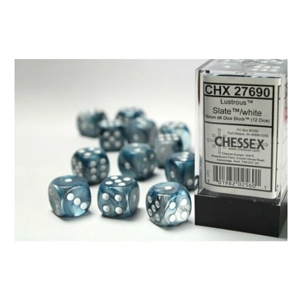 16mm d6 with pips Dice Blocks (12 Dice) - Lustrous Slate w/white