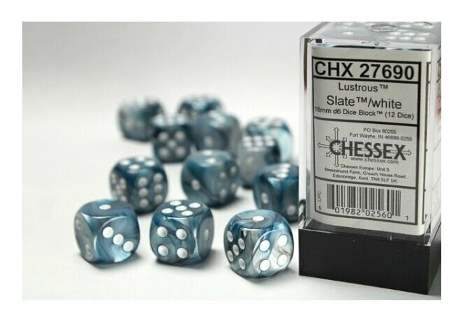 16mm d6 with pips Dice Blocks (12 Dice) - Lustrous Slate w/white