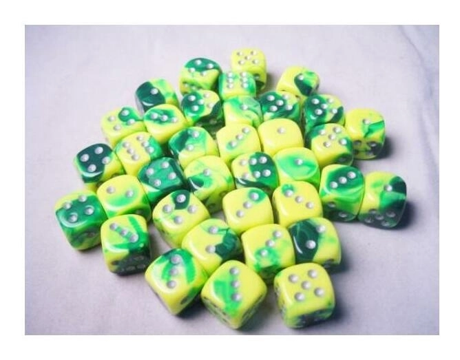 Gemini 12mm d6 Dice Blocks with pips Dice Blocks (36 Dice) - Green-Yellow w/silver