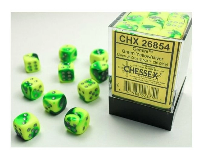 Gemini 12mm d6 Dice Blocks with pips Dice Blocks (36 Dice) - Green-Yellow w/silver