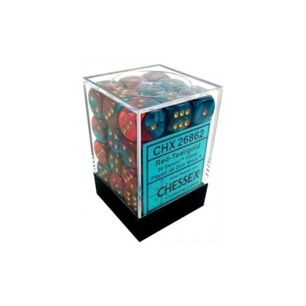 Gemini 12mm d6 Dice Blocks with pips Dice Blocks (36 Dice) - Red-Teal with gold