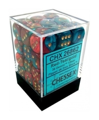 Gemini 12mm d6 Dice Blocks with pips Dice Blocks (36 Dice) - Red-Teal with gold