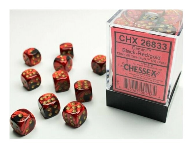 Gemini 12mm d6 Dice Blocks with pips Dice Blocks (36 Dice) - Black-Red w/gold