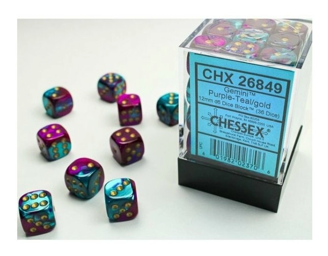 Gemini 12mm d6 Dice Blocks with pips Dice Blocks (36 Dice) - Purple-Teal w/gold