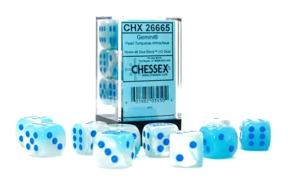 Gemini 16mm d6 Pearl Turquoise-White/blue Luminary Dice Block (12 dice)