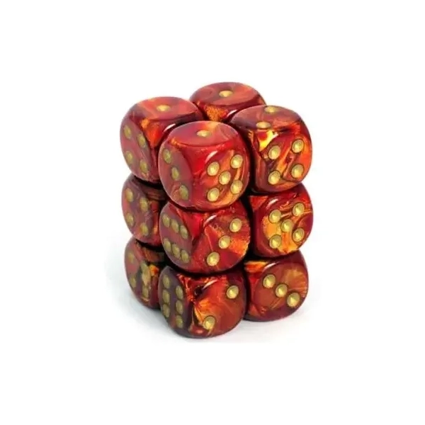 16mm d6 with pips Dice Blocks (12 Dice) - Scarab Scarlet w/gold