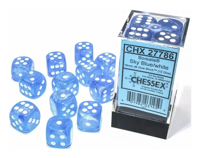 Borealis 16mm d6 Sky Blue/white LuminaryDice Block (12 dice)