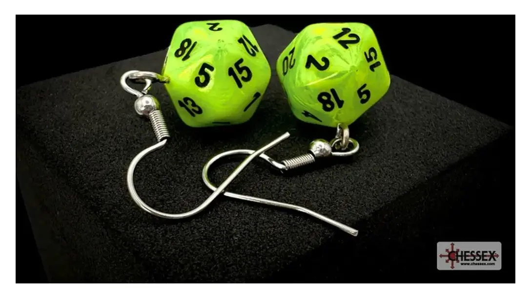 Chessex Hook Earrings Vortex Bright Green Mini-Poly d20 Pair