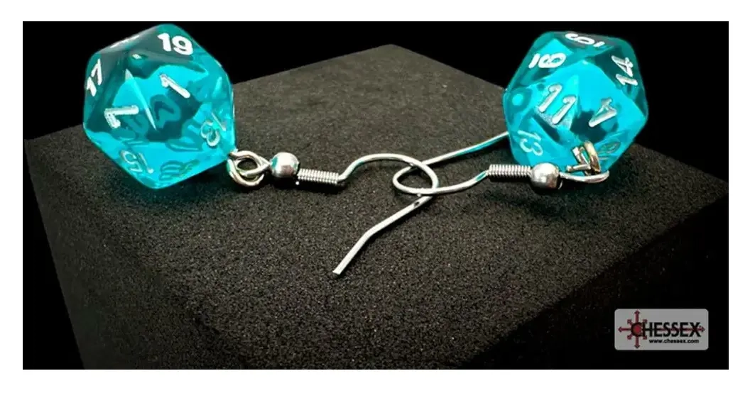 Chessex Hook Earrings Translucent Teal Mini-Poly d20 Pair