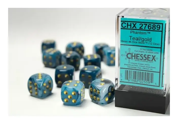 16mm d6 with pips Dice Blocks (12 Dice) - Phantom Teal w/gold