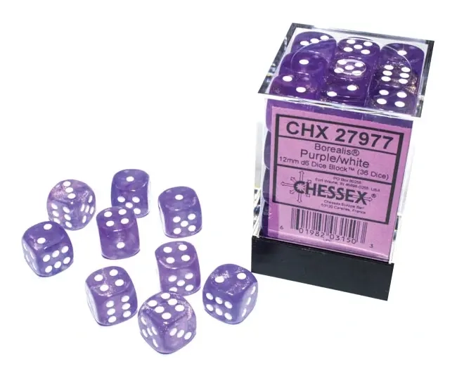 Borealis 12mm d6 Purple/white Luminary Dice Block (36 dice)