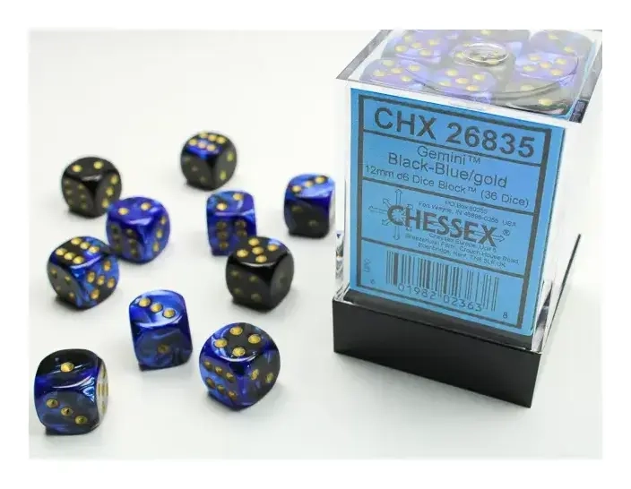 Gemini 12mm d6 Dice Blocks with pips Dice Blocks (36 Dice) - Black-Blue w/gold